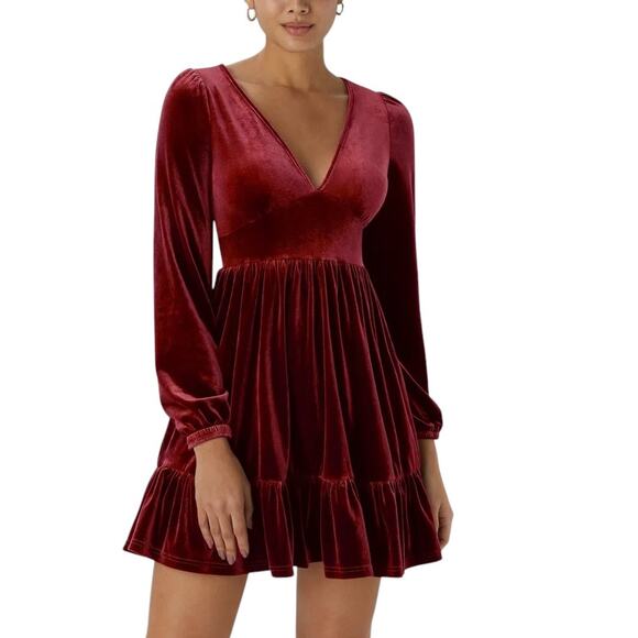 HALARA Everyday Deep V Neck Long Sleeve Ruffled Velvet Dress Small Medium NWT - Picture 2 of 8